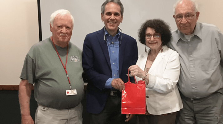 Physician Peter A. Knight, M.D. (second from left) was the guest speaker at a recent meeting sponsored by Mended Hearts Chapter 50. Organization’s officers in the photo are, from left, Bernard Quinlan, Marlene Adams and Eugene Binder.