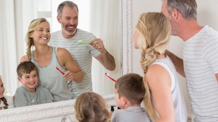 Family brushing their teeth